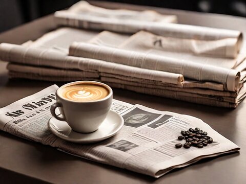 A stack of newspapers and a cup of Cappuccino on the table, with the morning light