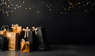 Gift bags and boxes wrapped in yellow paper on black background with copyspace - obrazy, fototapety, plakaty