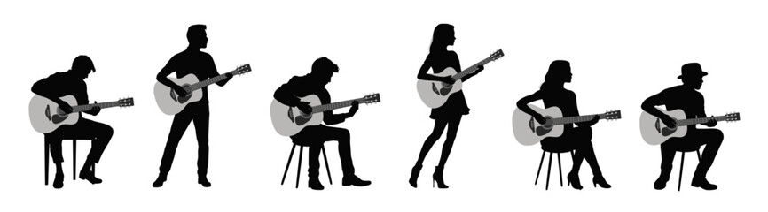 Man and woman playing guitar, woman guitarist silhouette vector Illustration - obrazy, fototapety, plakaty