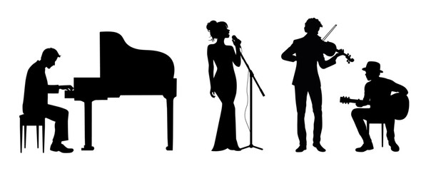 Music band with woman singer singing, man playing guitar, woman playing piano and pianist - obrazy, fototapety, plakaty