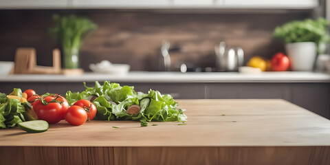 Wooden tabletop counter with salad in kitchen. - obrazy, fototapety, plakaty