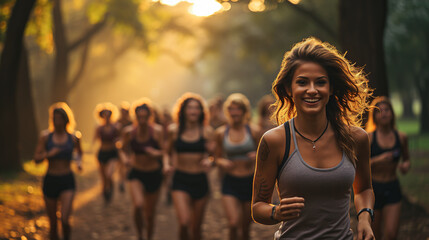 Happy young women jogging together in the park. Healthy girls friends running. Healthy lifestyle...