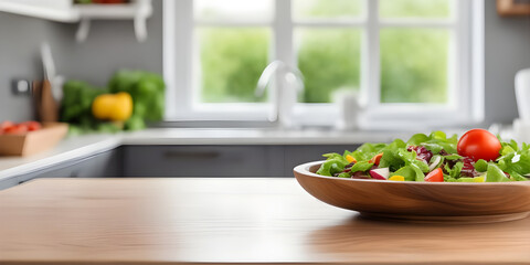 Wooden tabletop counter with salad in kitchen.