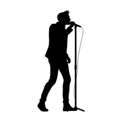 Man singer silhouette, man singing on mic, singer singing silhouette, vocalist singing to microphone