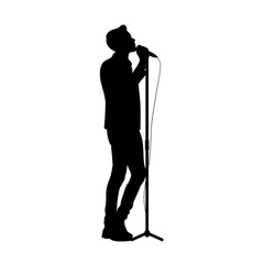 Man singer silhouette, man singing on mic, singer singing silhouette, vocalist singing to microphone