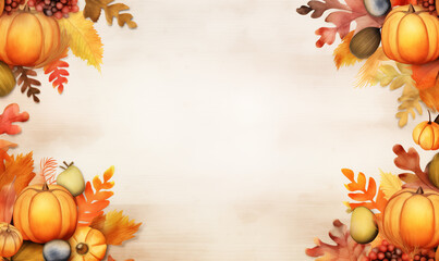Watercolor banner of leaves and vegetables on beige background.