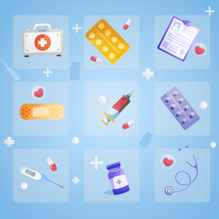 Vector illustration, medical and health care icons set. 