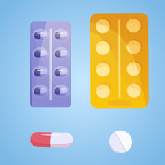 Tablets and capsules. Pills, vitamins in a blister. Vector iullustration.