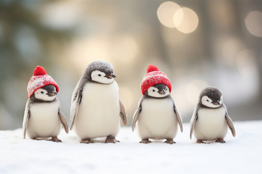 row of cute penguins at christmas