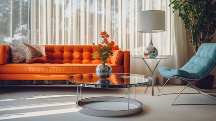 chrome and glass coffee table and orange sofa in a modern living room - obrazy, fototapety, plakaty