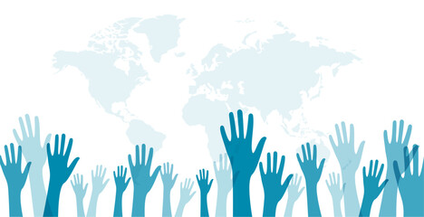global volunteer solidarity hands up banner with earth map - obrazy, fototapety, plakaty
