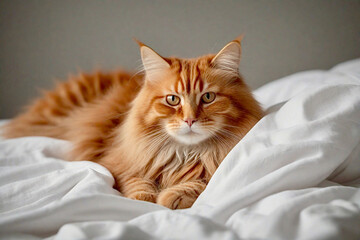 Gorgeous red Siberian cat lying on a bed