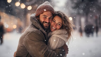 happy couple smiling in the snow