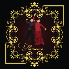 Beautiful young couple dancing flamenco poster. Vector illustration