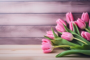 Pink Tulips on wooden table Spring Background with Copy Space Generative Ai