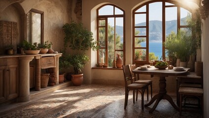 Fototapeta na wymiar Interior room. Mediterranean style decoration. Generative AI