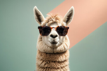 Obraz premium Creative animal concept. Llama in sunglass shade glasses isolated on solid pastel background, commercial, editorial advertisement, surreal surrealism 