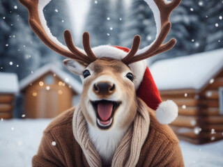 Funny reindeer smiling and having fun in a cold cozy snowy christmas scenery