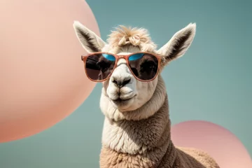 Poster Creative animal concept. Llama in sunglass shade glasses isolated on solid pastel background, commercial, editorial advertisement, surreal surrealism © Roman