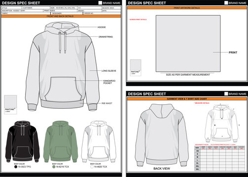 EDITABLE EMPTY TECHPACK MEASUREMENT LAYOUT TEMPLATE UNISEX REGULAR HOODIE T SHIRT