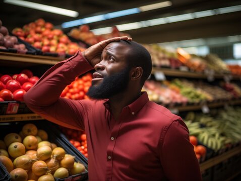 A man in a red shirt stands in a well-stocked grocery store, looking up thoughtfully, surprised, forgotten, while surrounded by vibrant fruits and vegetables.