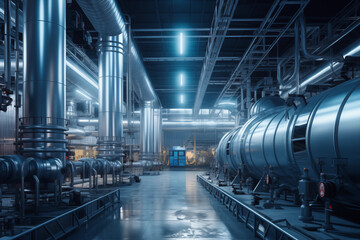 Hydrogen power plant, large steel tanks and pipes inside a production workshop. - obrazy, fototapety, plakaty
