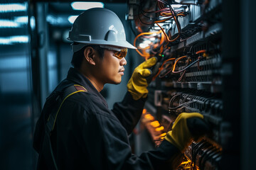 An Asian electrician in overalls, a helmet and gloves performs maintenance or repairs in an electrical cabinet. - obrazy, fototapety, plakaty