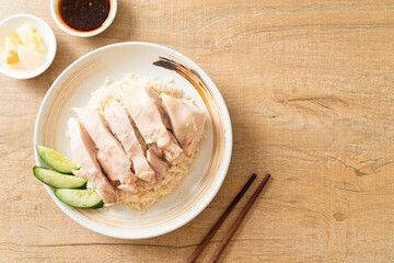 Hainanese chicken rice or rice steamed with chicken soup