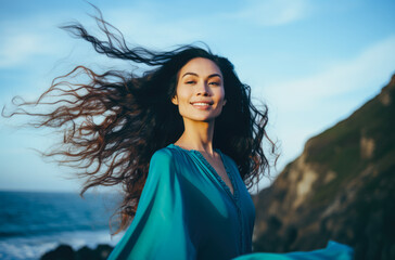 Young woman with eyes closed enjoying her freedom by the sea coast