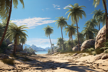 Tropical wild beach. Palm trees on sandy island in the ocean. Hot sunny day vacation travel concept