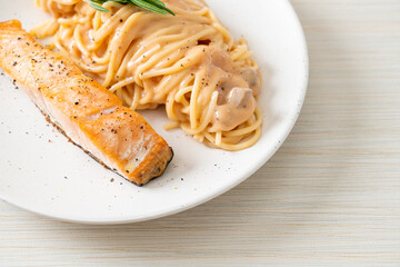grilled salmon with spaghetti creamy tomato sauce