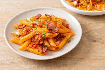 stir-fried penne pasta with kimchi and bacon