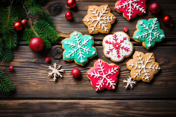 Christmas cookies candies and pine branches on wooden background