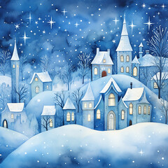Watercolor Blue Christmas Backgrounds, Vintage Background for Christmas and Winter
