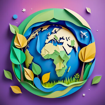 Earth shaped illustration made of paper on the abstract background.
