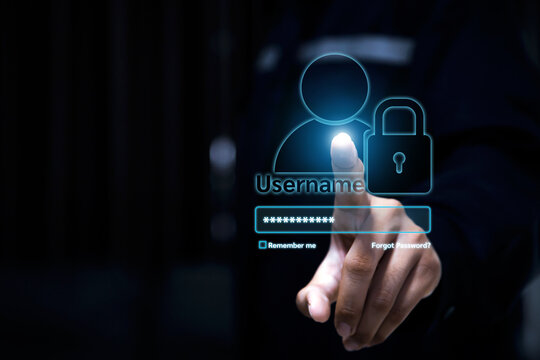 Hand touch login username and password icon for safety internet security access or user sign registration menu for social media member verification account or submit register concepts.