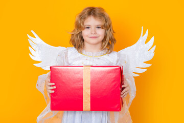Cute blonde kid angel with gift box present. Child at angel costume. Kid with angel wings. Isolated...