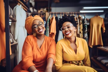 Fototapeta premium Happy African woman in fashion boutique shopping