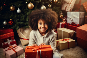 Fototapeta na wymiar Happy little african american smiling girl with christmas gift boxes on floor