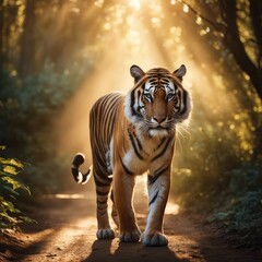 a tiger with a bushy tail and black ears, walking on a dirt path through a forest with tall trees and colorful leaves, with rays of sunlight and mist creating a magical atmosphere, in the morning