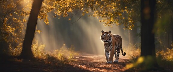 a tiger with a bushy tail and black ears, walking on a dirt path through a forest with tall trees and colorful leaves, with rays of sunlight and mist creating a magical atmosphere, in the morning - obrazy, fototapety, plakaty