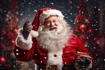 Cheerful Santa Claus with gift boxes on Christmas background