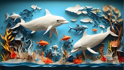 Arte de papel, contaminación del mar, delfines en un mar contaminado, basura en el mar, huella del...