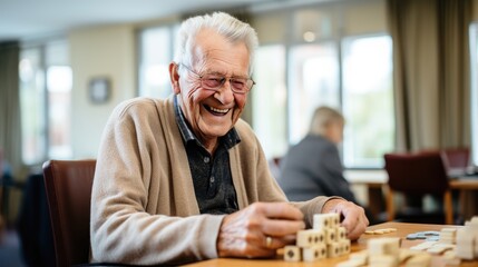 Senior Man Playing Board Games at Senior Center, to Exercise His Mind. Generative AI - obrazy, fototapety, plakaty
