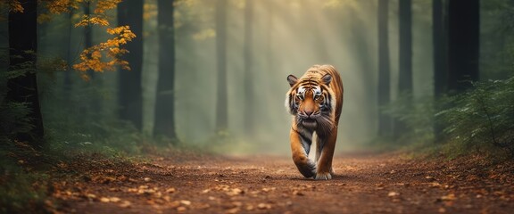 a tiger with a bushy tail and black ears, walking on a dirt path through a forest with tall trees and colorful leaves, with rays of sunlight and mist creating a magical atmosphere, in the morning © Reha