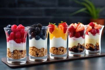 Dessert in a glasses with berries. Healthy organic breakfast or snack concept. Generative AI - obrazy, fototapety, plakaty