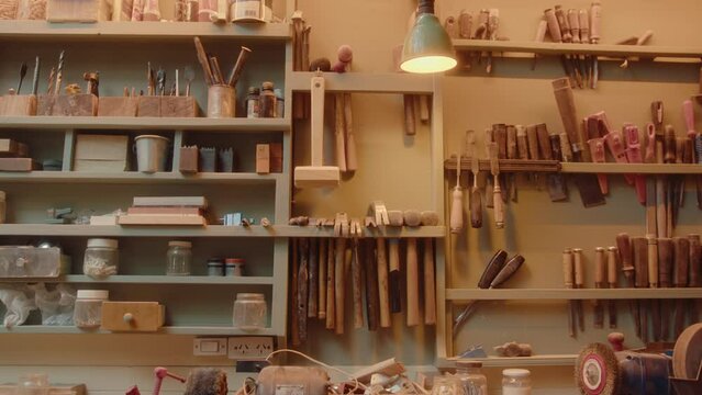 Lots of assorted hand tools, woodworking machines and equipment at the workbench in carpentry workshop with cozy warm light. Tilt-down shot, no people