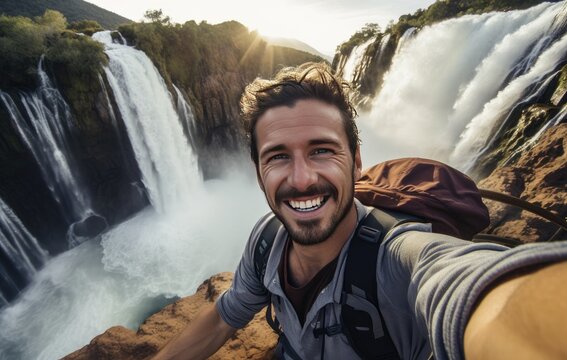 Handsome Tourist Visiting National Park Taking Selfie Picture in Front of Waterfall - Traveling Life Style Concept with Happy Man Enjoying Freedom in the Nature. Generative AI