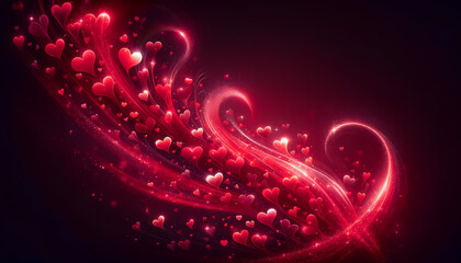 Abstract red background with glowing hearts and swirling light trails. Ideal for romantic themes or Valentine's Day designs. AI Generative