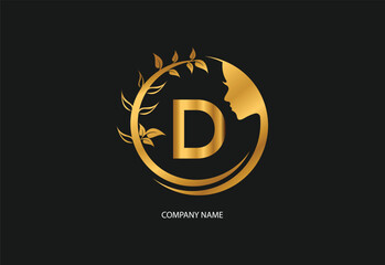 Beauty logo initial letter D with golden style color and leaf. Natural beauty logo template